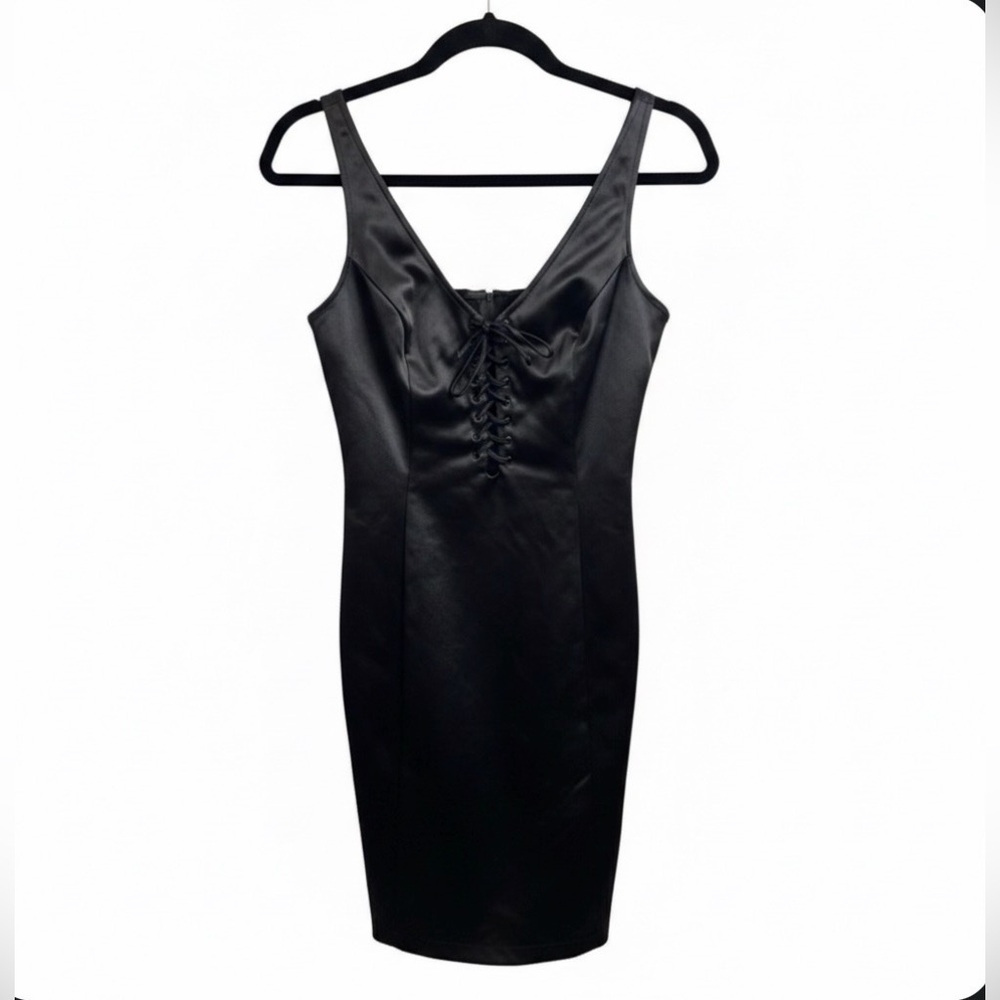 Vintage Caché Black Satin Corset Style Lace-Up Mini Dress
